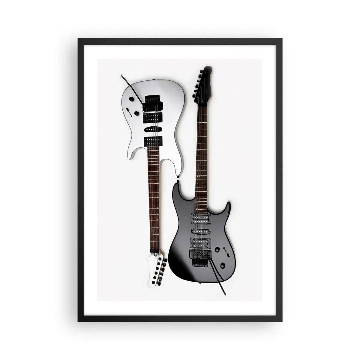 Poster in een zwarte lijst - Moderne elektrische gitaren op een witte achtergrond - 50x70cm - Harmonie van vormen - Moderne wanddecoratie voor woonkamer en slaapkamer ARTTOR