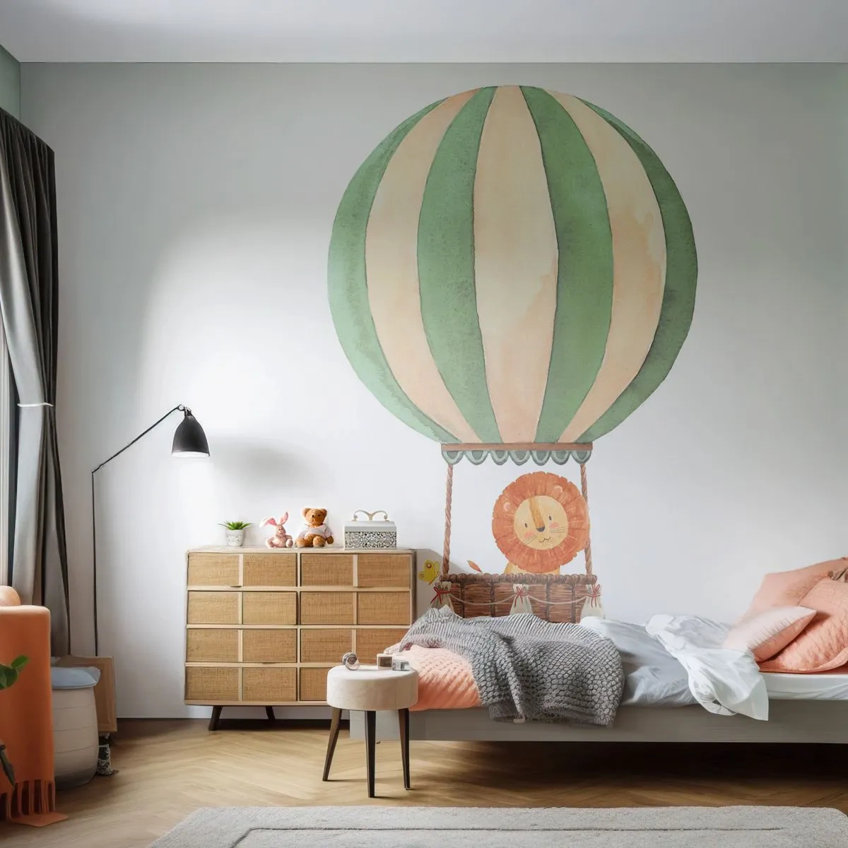 Fotobehang Premium Sand - Leons reizen - Ballon, Leeuw, Kinderen - 300x210 cm