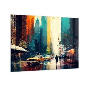 Schilderen op glas - Kleurrijke taxi's en wolkenkrabbers op een natte stadsstraat - 70x50cm - New York – zelfs de regen is hier kleurrijk - Moderne wanddecoratie voor woonkamer en slaapkamer ARTTOR