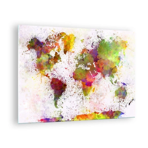 Schilderen op glas - Wereldkaart in artistieke stijl met kleurrijke verfspatten - 70x50cm - Op de een of andere manier is het hetzelfde geworden - Moderne wanddecoratie voor woonkamer en slaapkamer ARTTOR