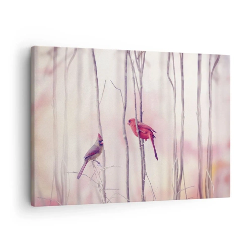 Schilderen op canvas - Een paar kardinalen zitten op takken in een pastelkleurig landschap - 70x50cm - Verhaal van het roze woud - Moderne wanddecoratie voor woonkamer en slaapkamer ARTTOR