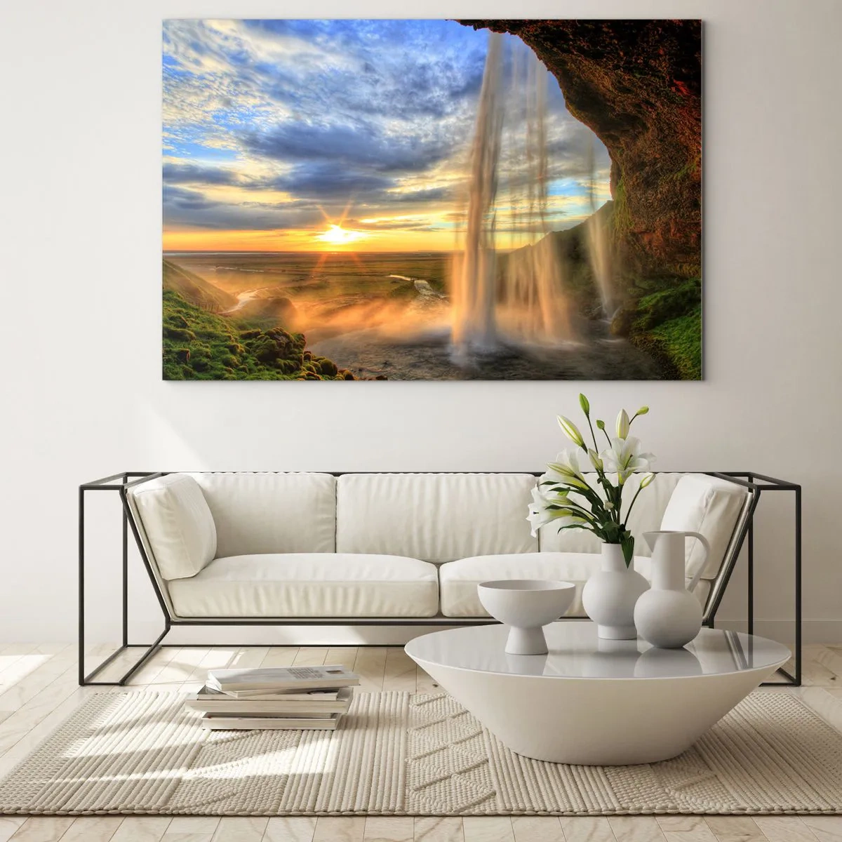 Schilderen op glas - Waterval met uitzicht op de zonsondergang en de vallei - 70x50cm - De wereld achter een sluier van druppels - Moderne wanddecoratie voor woonkamer en slaapkamer ARTTOR