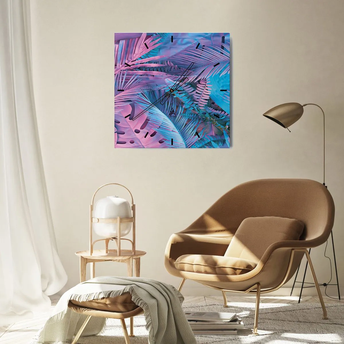 Wandklok - Klok - Tropen in roze en blauw - 40x40 cm