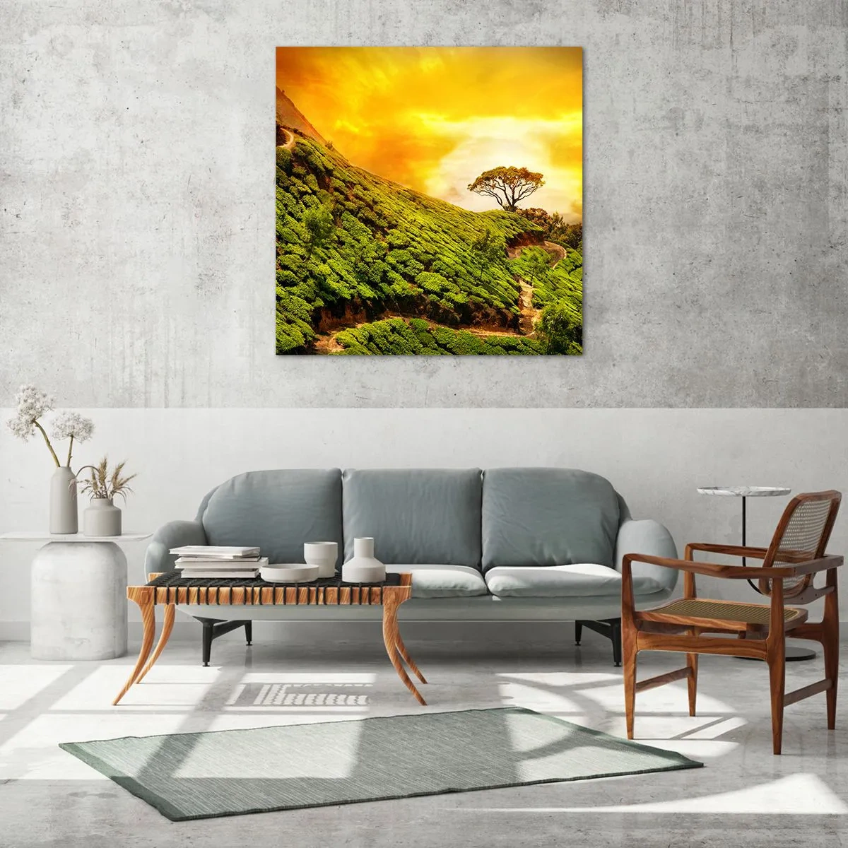 Schilderen op glas - Een kronkelend pad, een groene helling - 50x50 cm