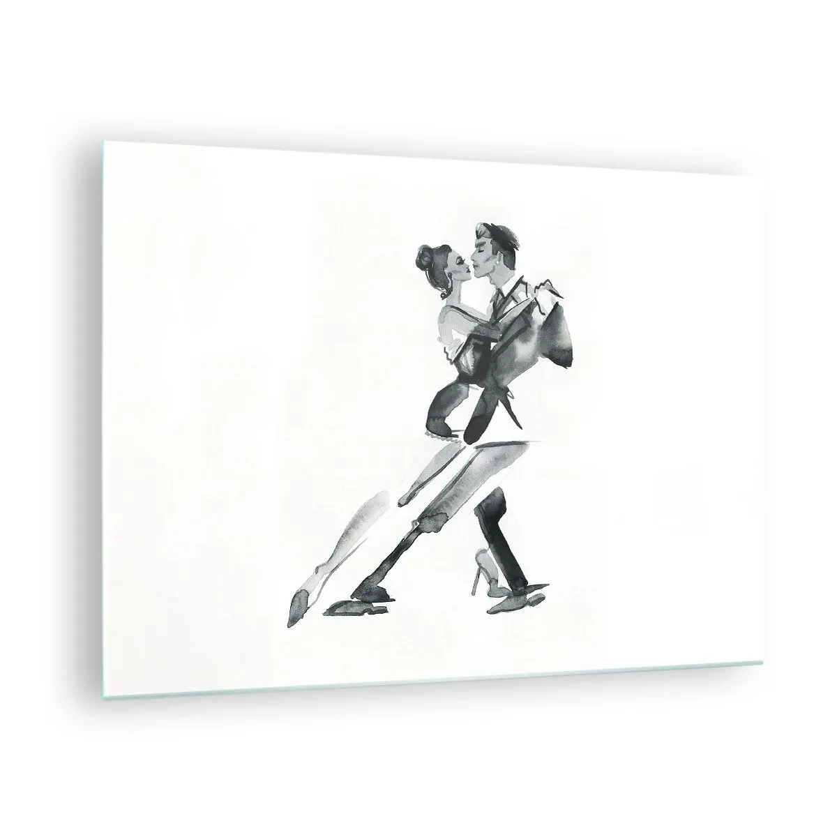 Schilderen op glas - Een paar dat de tango danst in zwart-witte aquarel - 70x50cm - In één slag - Moderne wanddecoratie voor woonkamer en slaapkamer ARTTOR