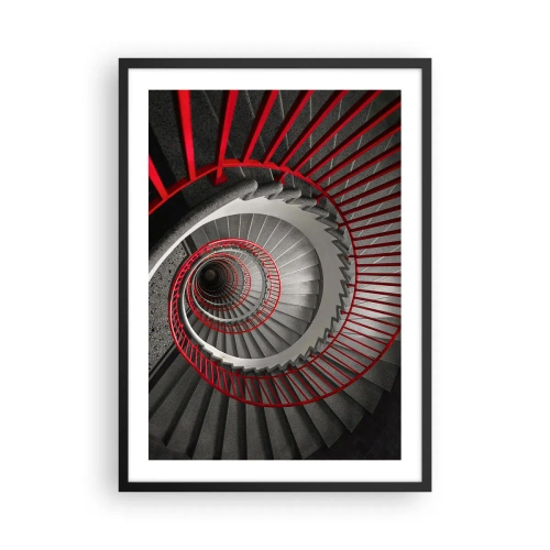 Poster in een zwarte lijst - Wenteltrap in zwart-wit met rode leuningen - 50x70cm - Architectuur plezier - Moderne wanddecoratie voor woonkamer en slaapkamer ARTTOR
