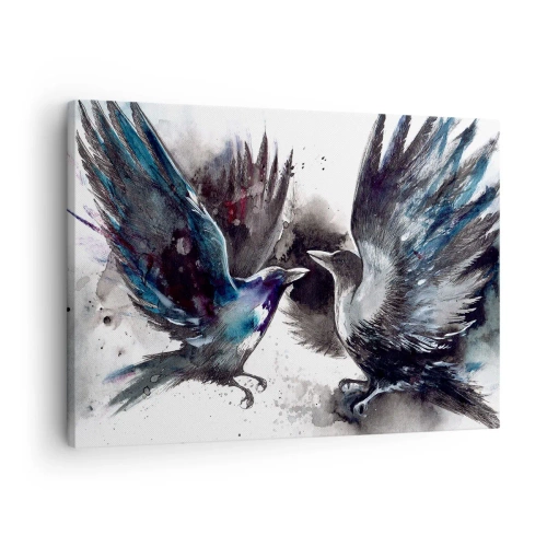 Schilderen op canvas - Artistieke raven in een dynamische aquarelcompositie - 70x50cm - De ene kraai pikt de andere de ogen niet uit - Moderne wanddecoratie voor woonkamer en slaapkamer ARTTOR