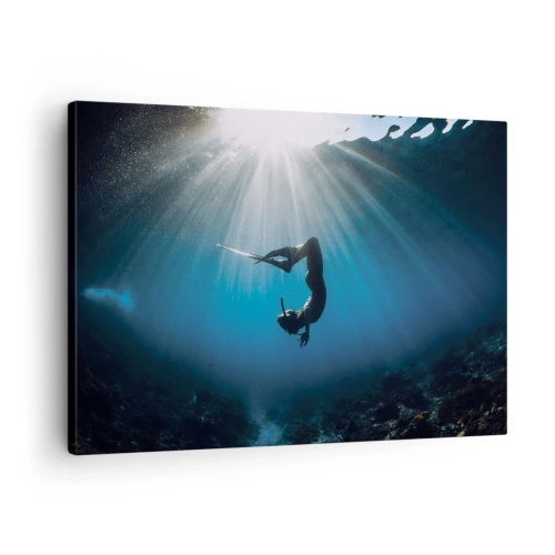 Schilderen op canvas - Een duiker die in een lichtstraal onder water zweeft - 70x50cm - onderwaterdans - Moderne wanddecoratie voor woonkamer en slaapkamer ARTTOR