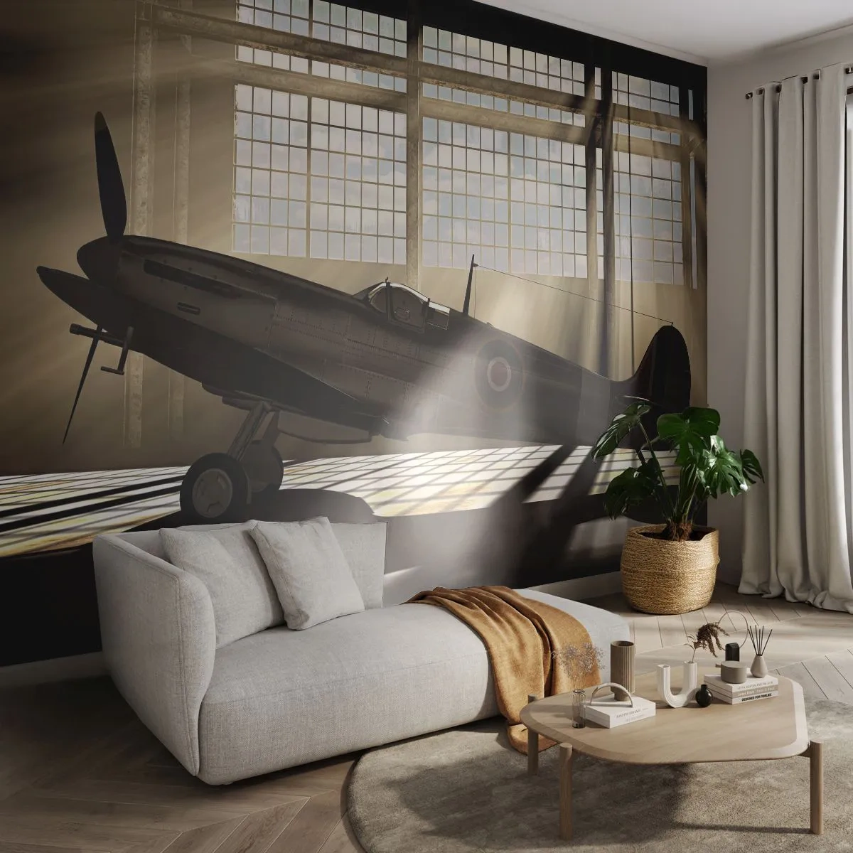 Fotobehang Premium Canvas - De rust van een krijger - Vliegtuigen, Luchtvaarthangar, Vliegtuig - 250x175 cm