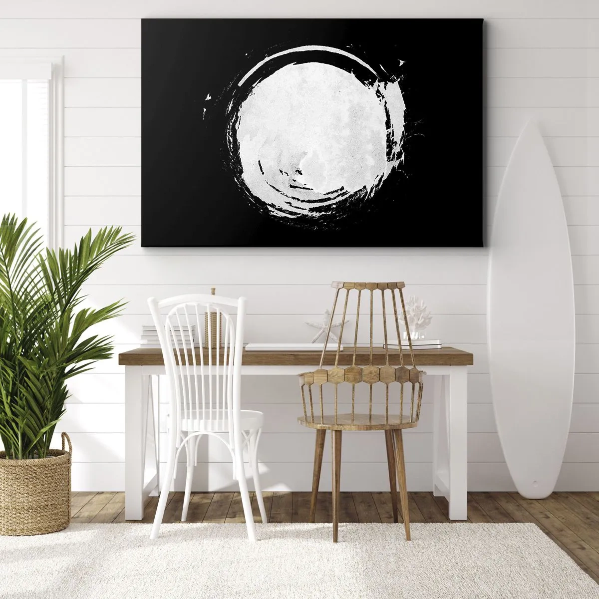 Schilderen op canvas - Een witte cirkel op een zwarte achtergrond in minimalistische stijl. - 70x50cm - Goede weg - Moderne wanddecoratie voor woonkamer en slaapkamer ARTTOR