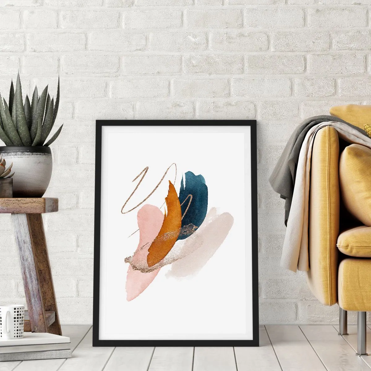Poster in een zwarte lijst - Delicate abstractie in pasteltinten - 50x70cm - Gevleugelde compositie - Moderne wanddecoratie voor woonkamer en slaapkamer ARTTOR