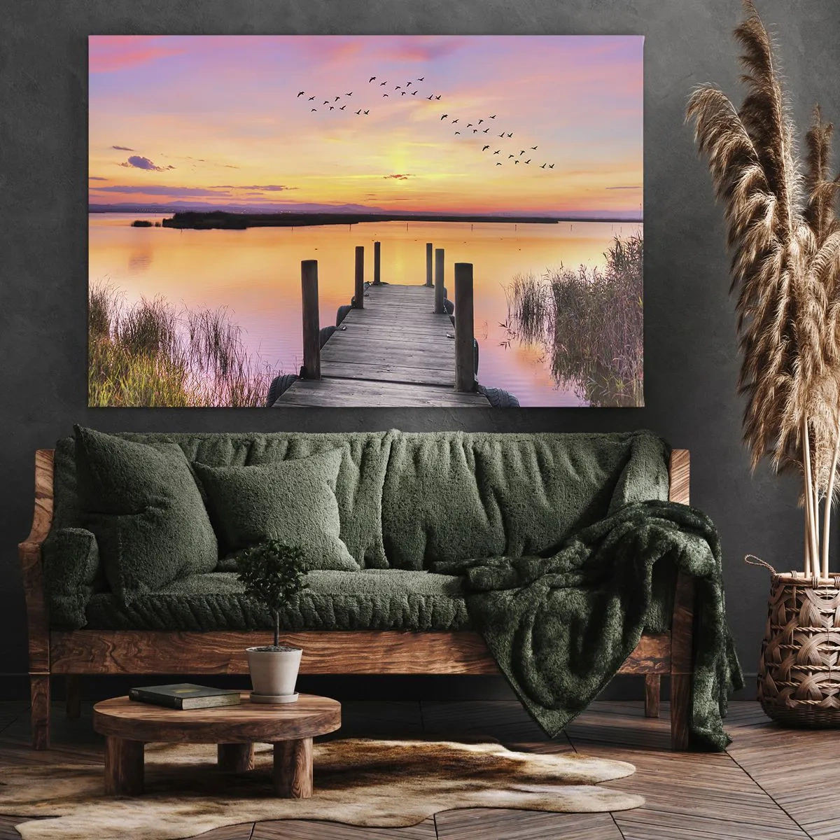 Schilderen op canvas - Een pier op een meer bij zonsondergang met vogels in de lucht - 70x50cm - Violet stille dageraad - Moderne wanddecoratie voor woonkamer en slaapkamer ARTTOR