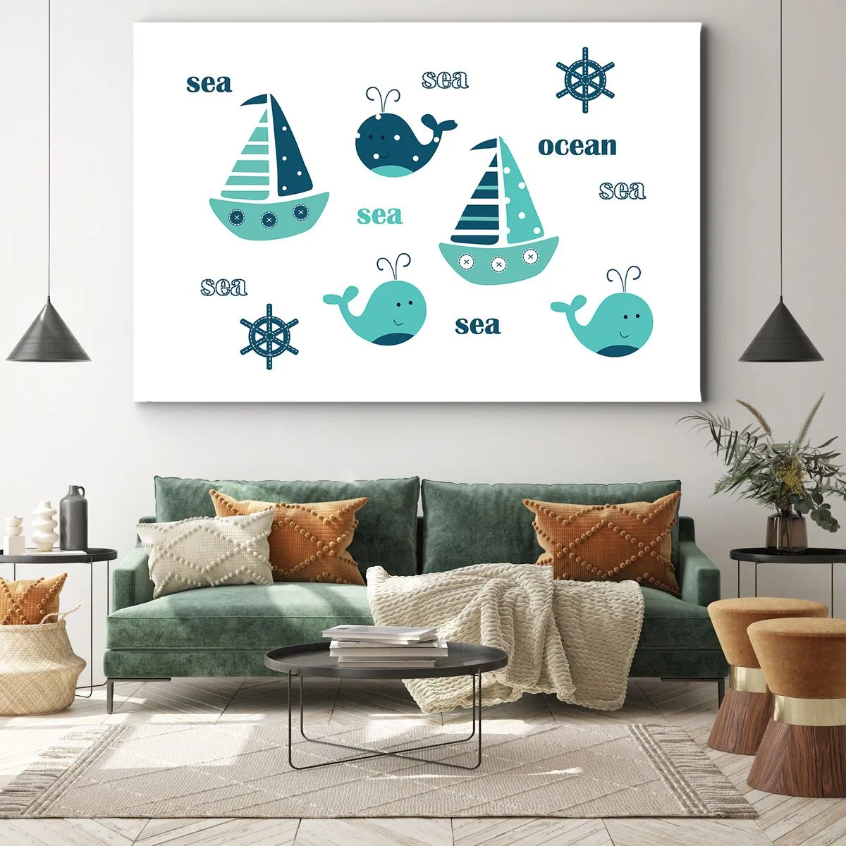 Schilderen op canvas - Charmante nautische motieven met walvissen en zeilboten - 70x50cm - Over de zeeën en oceanen - Moderne wanddecoratie voor woonkamer en slaapkamer ARTTOR