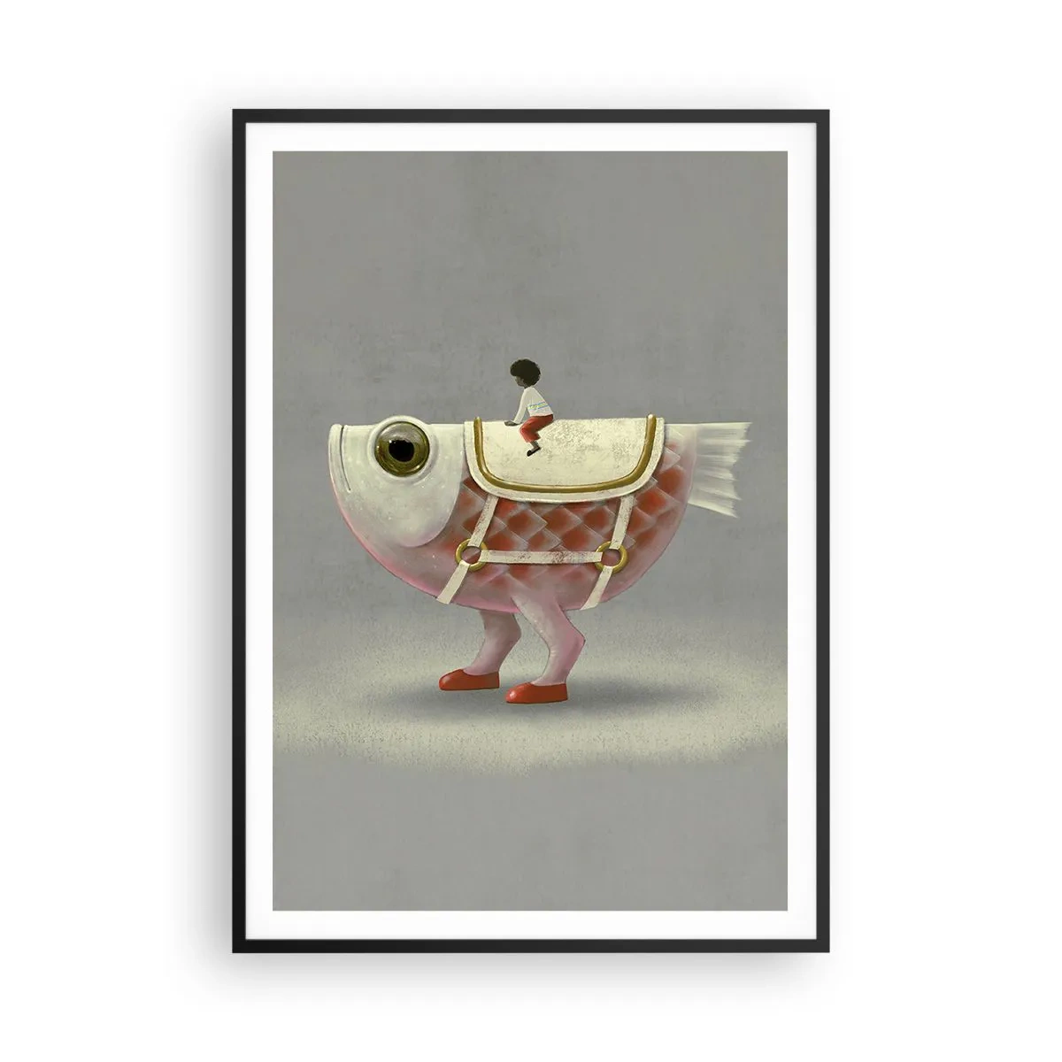 Poster in een zwarte lijst - Ruiter op een surrealistische vis - 70x100 cm