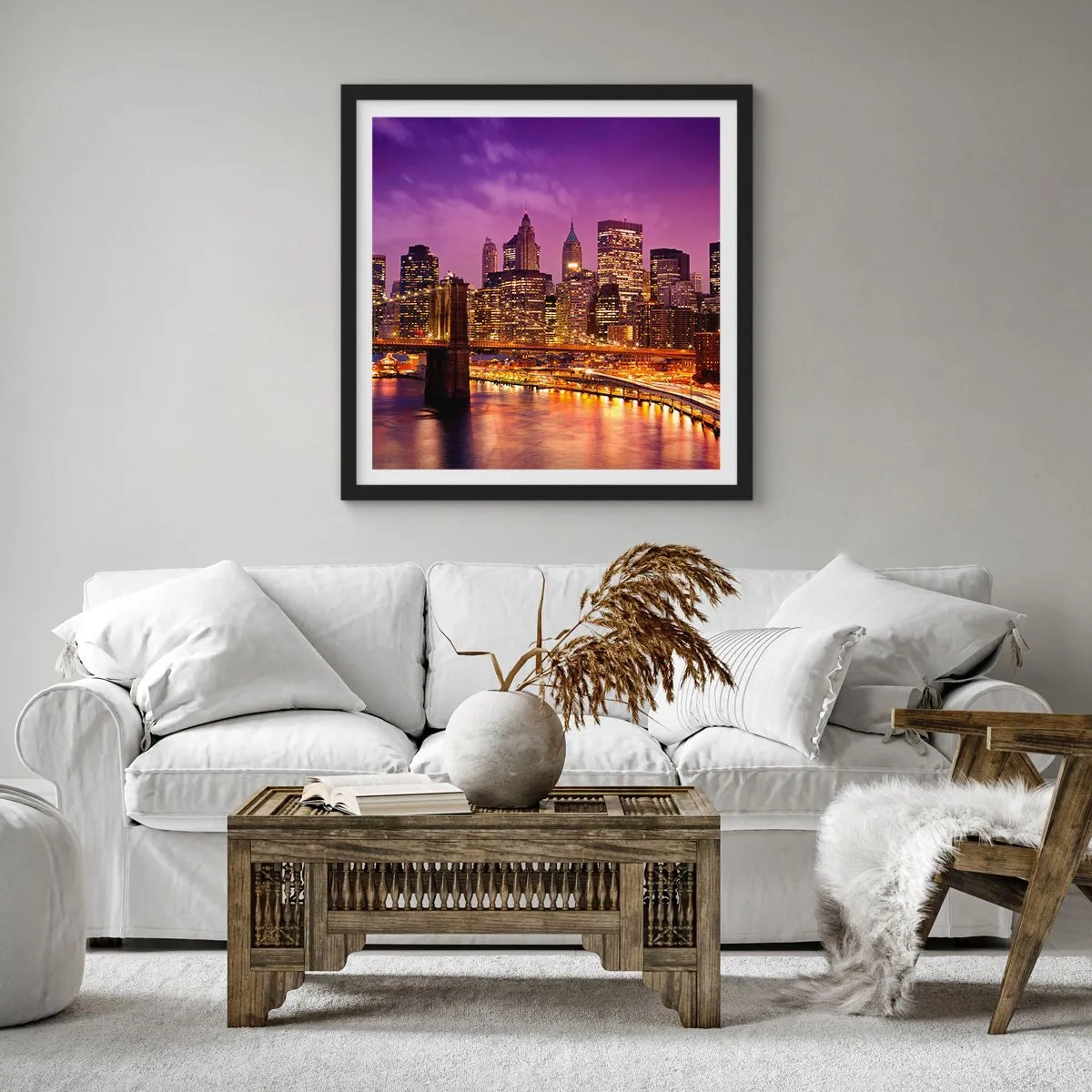 Poster in een zwarte lijst - Violet-goud Manhattan - 30x30 cm