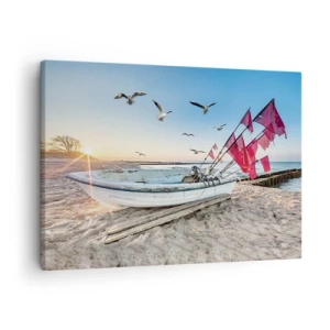 Schilderen op canvas - Een boot op het strand bij zonsopgang met meeuwen en rode vlaggen - 70x50cm - Een welverdiende rust - Moderne wanddecoratie voor woonkamer en slaapkamer ARTTOR