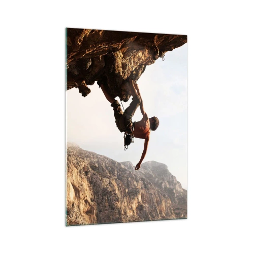 Schilderen op glas - De wereld gekrompen in een hand op een rotsblok - 70x100 cm