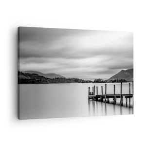 Schilderen op canvas - Zwart-wit landschap met een pier over een meer - 70x50cm - Zachtheid en kracht - Moderne wanddecoratie voor woonkamer en slaapkamer ARTTOR