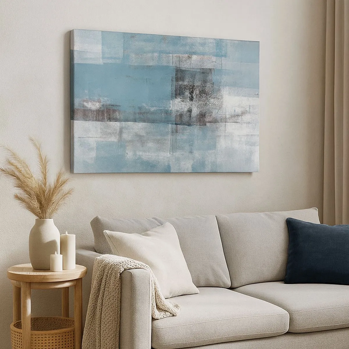 Schilderen op canvas - Een abstracte compositie in blauwtinten met textuur en lagen. - 70x50cm - Water en lucht - Moderne wanddecoratie voor woonkamer en slaapkamer ARTTOR