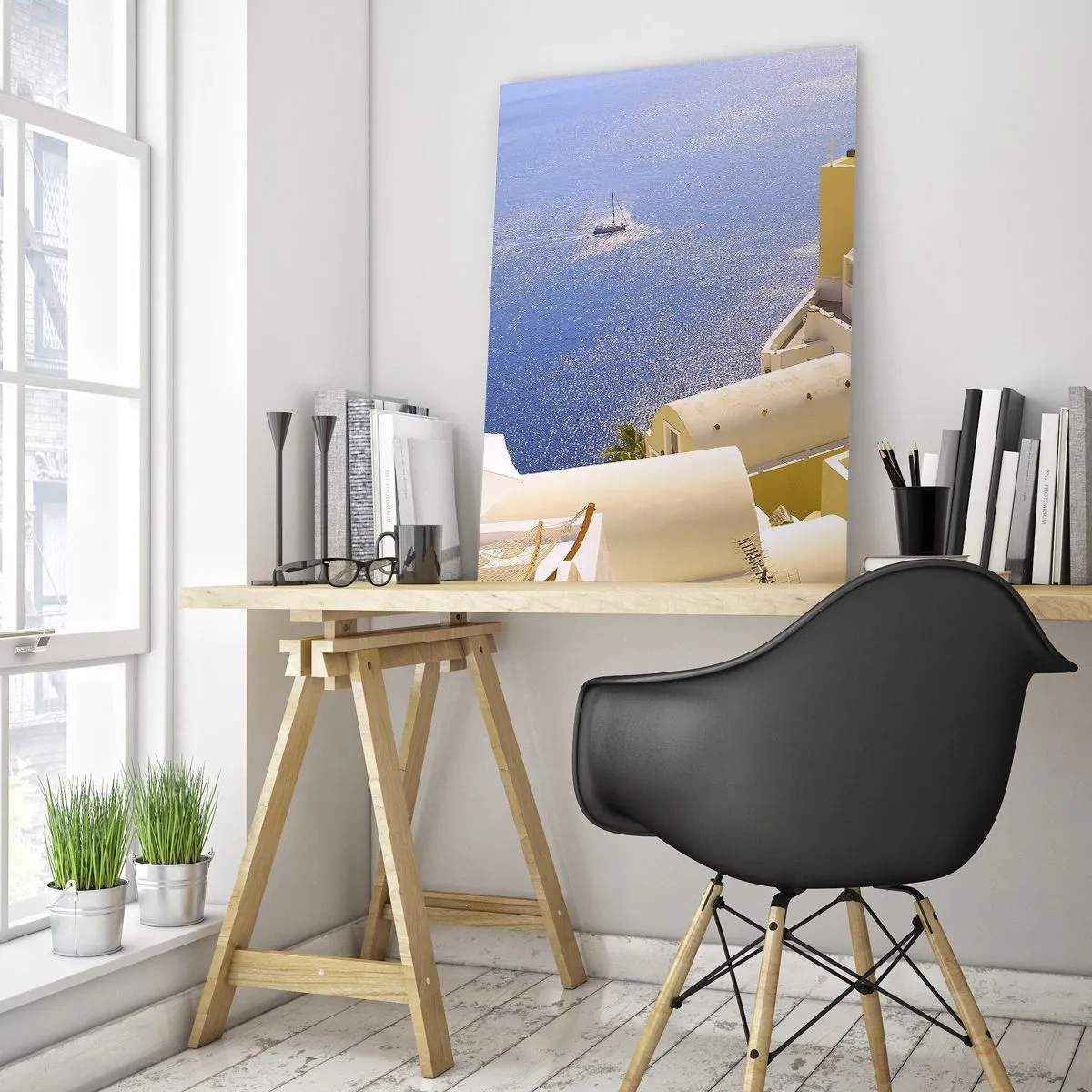 Schilderen op glas - Grieks landschap in wit en blauw - 70x100 cm