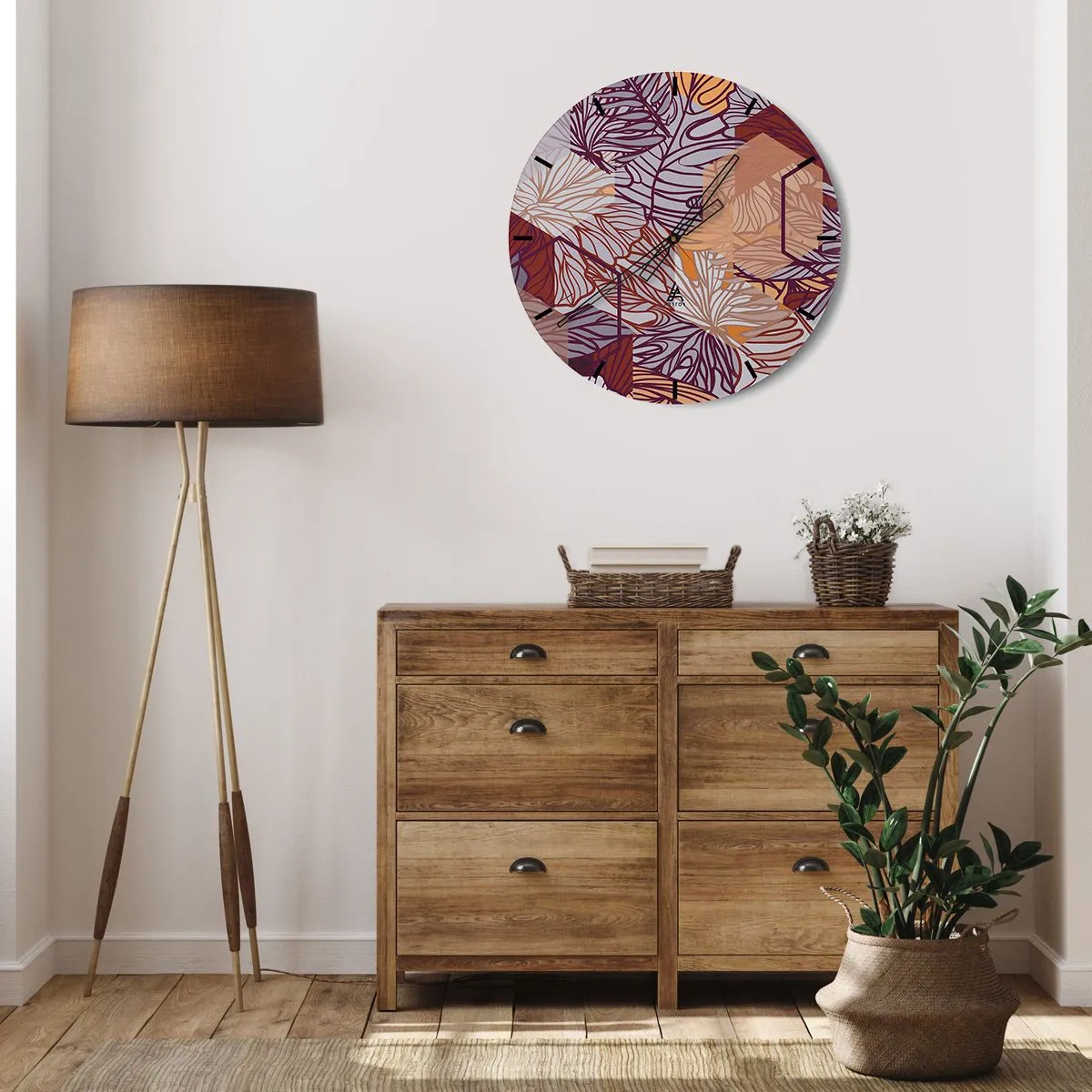 Wandklok - Klok - Abstracte bladeren in tinten paars, oranje en beige - 30x30cm - Onmogelijke relatie tussen geometrie en natuur - Moderne wanddecoratie voor woonkamer, keuken en slaapkamer ARTTOR