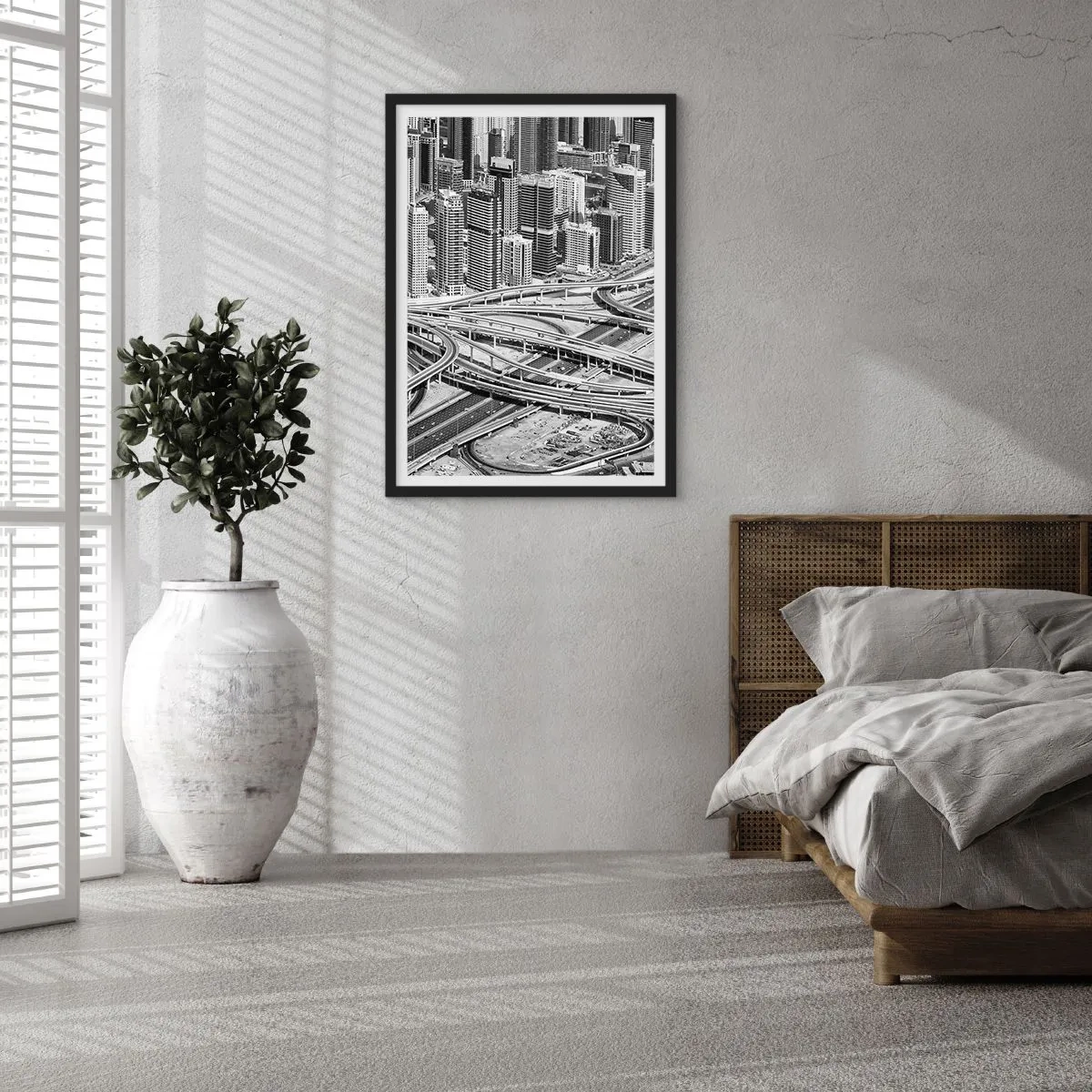 Poster in een zwarte lijst - Stadspanorama met wegennet in zwart-witstijl - 50x70cm - Dubai - de onmogelijke stad - Moderne wanddecoratie voor woonkamer en slaapkamer ARTTOR