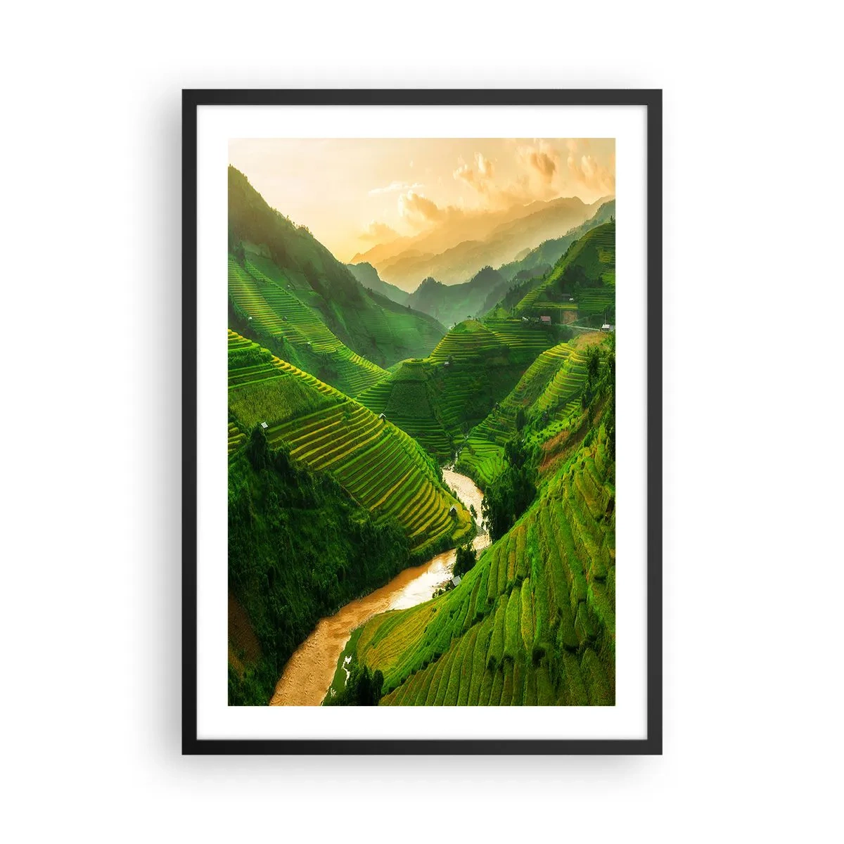 Poster in een zwarte lijst - Pittoreske rijstterrassen in een groene vallei - 50x70cm - Vietnamese vallei - Moderne wanddecoratie voor woonkamer en slaapkamer ARTTOR