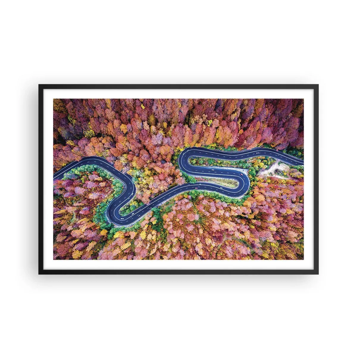 Poster in een zwarte lijst - Een kronkelende weg door het bos - 91x61 cm