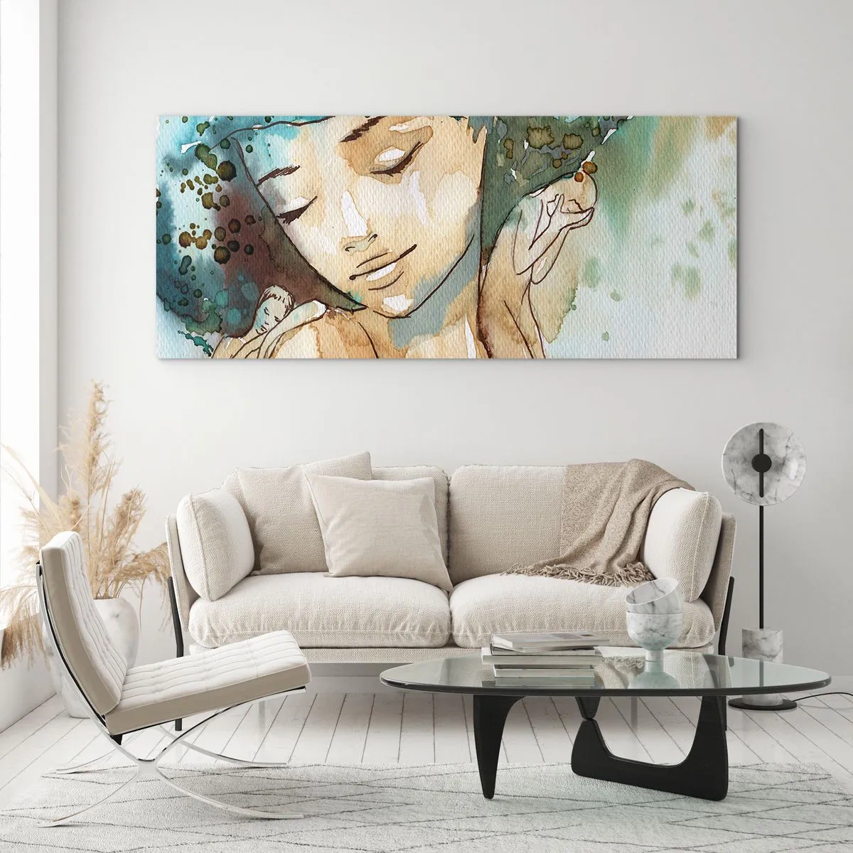 Schilderen op glas - Dame in het blauw - 90x30 cm
