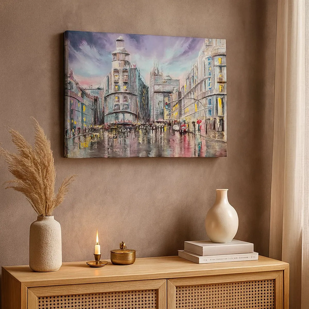 Schilderen op canvas - Avondzicht op de stad met reflecties op de natte straat - 70x50cm - Het wordt een geslaagde avond - Moderne wanddecoratie voor woonkamer en slaapkamer ARTTOR