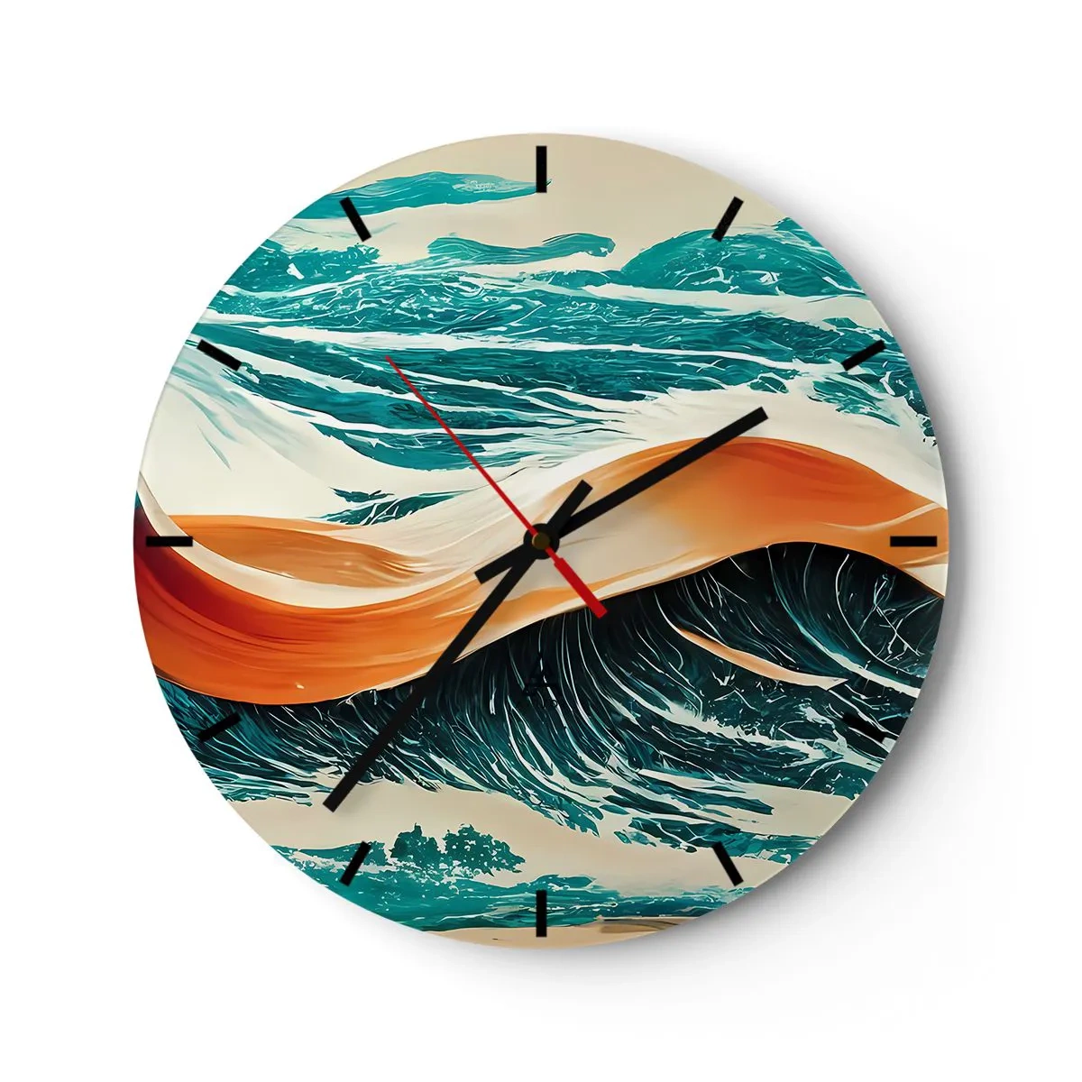 Wandklok - Klok - Zee golven met een oranje lint in een dynamische compositie - 30x30cm - De droom van elke surfer - Moderne wanddecoratie voor woonkamer, keuken en slaapkamer ARTTOR