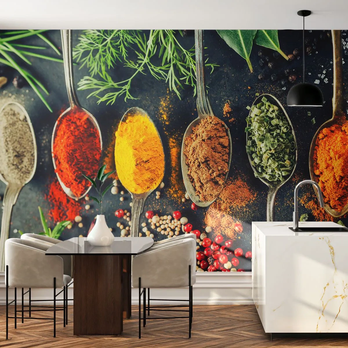 Fotobehang Premium Sand - Culinaire magie - Specerijen, Kruiden, Keuken - 500x350 cm
