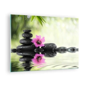 Schilderen op glas - Zwarte stenen en een roze bloem tegen de achtergrond van de natuur - 70x50cm - Tijd voor de ziel - Moderne wanddecoratie voor woonkamer en slaapkamer ARTTOR