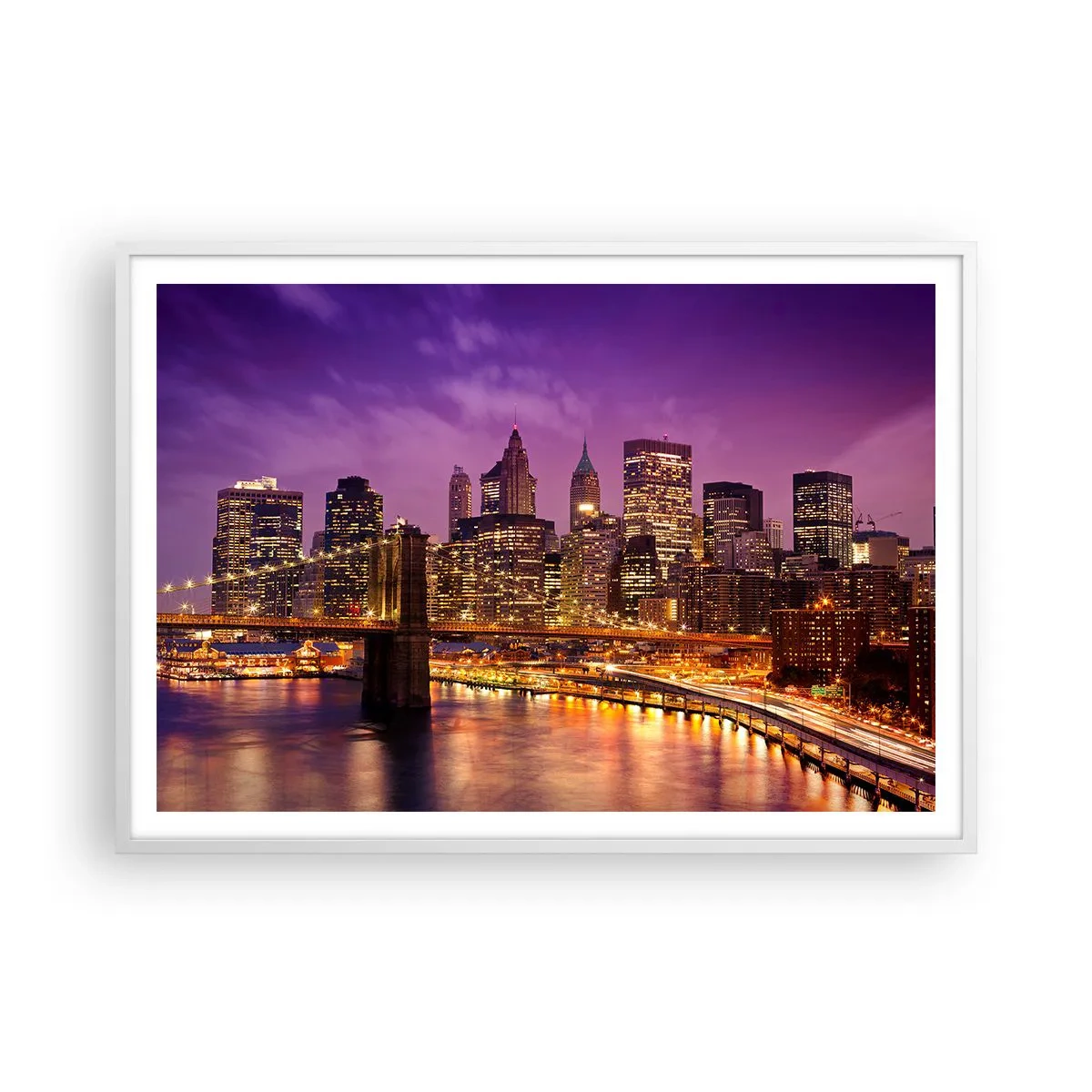 Poster in een witte lijst - Violet-goud Manhattan - 100x70 cm
