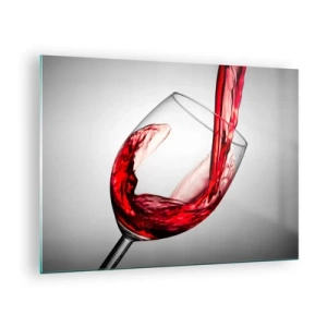 Schilderen op glas - Rode wijn wordt in een glas geschonken tegen een lichte achtergrond - 70x50cm - Kleur - beweging - geluid - Moderne wanddecoratie voor woonkamer en slaapkamer ARTTOR