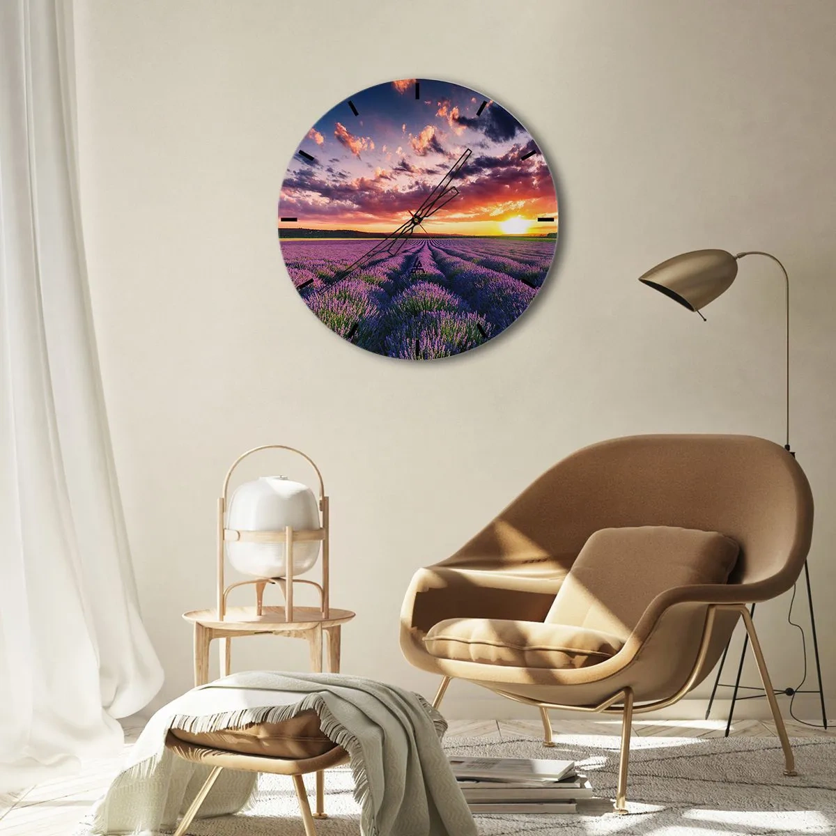 Wandklok - Klok - Een lavendelveld bij zonsondergang met een schilderachtige lucht - 30x30cm - Lavendel wereld - Moderne wanddecoratie voor woonkamer, keuken en slaapkamer ARTTOR