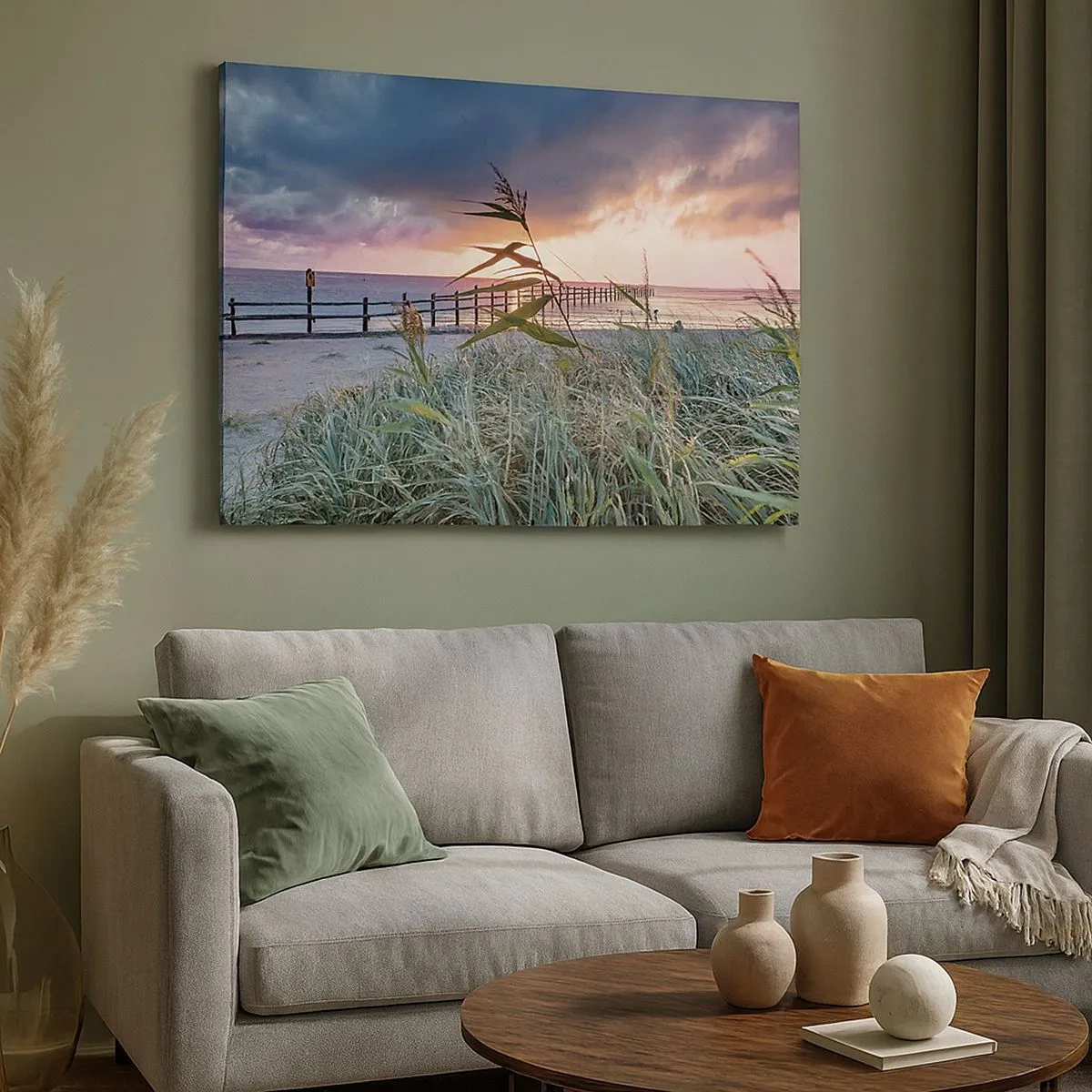 Schilderen op canvas - Strand bij zonsondergang met gras op de voorgrond - 70x50cm - Het gaat niet met de wind mee - Moderne wanddecoratie voor woonkamer en slaapkamer ARTTOR