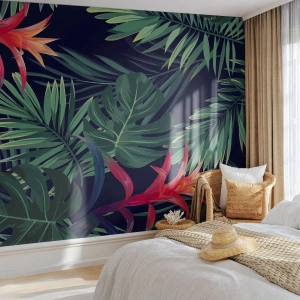 Fotobehang Premium Sand - Ontsteken in het groen - Bloemen, Tropische plant, Palm bladeren - 100x70 cm
