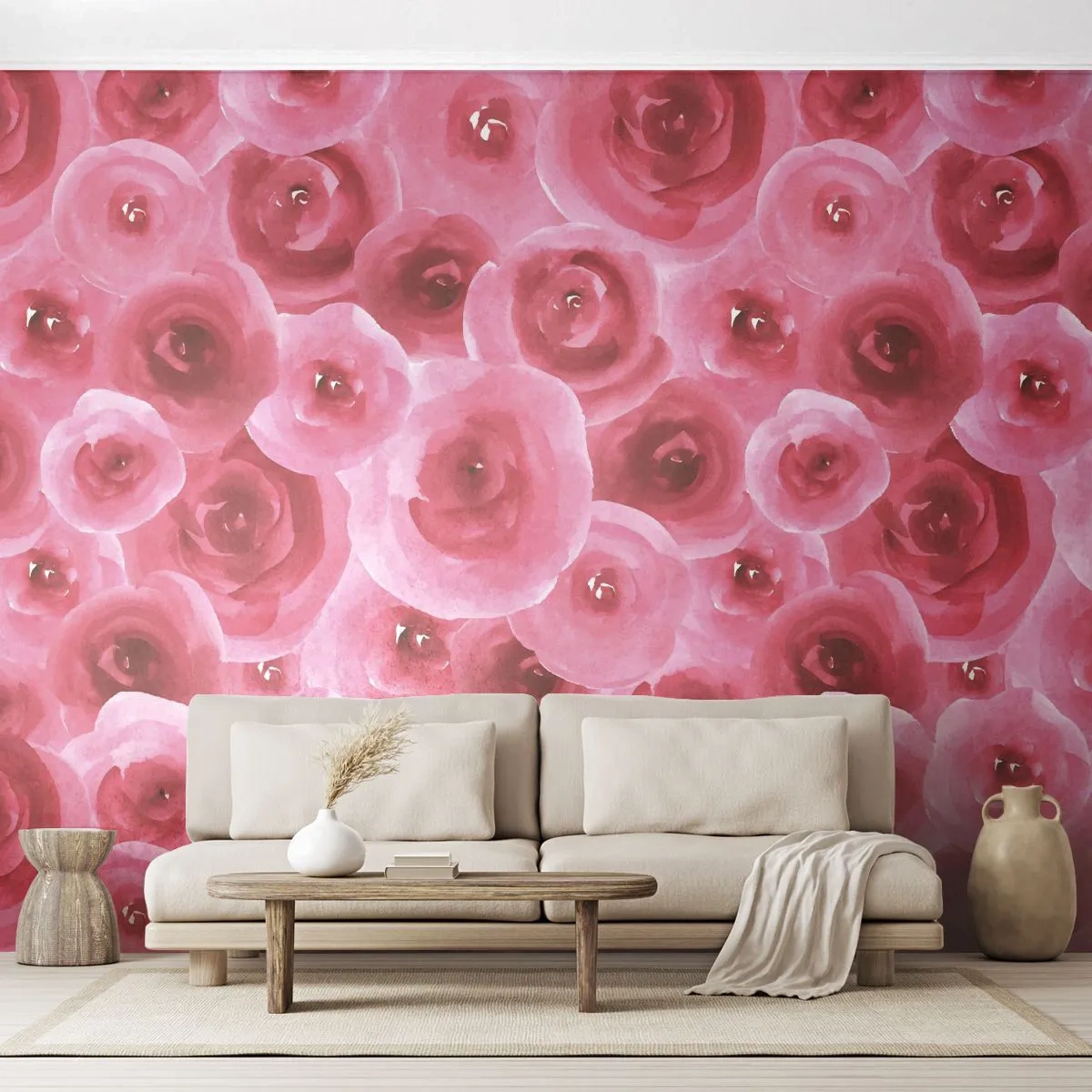 Fotobehang Standard Eco - Rode en roze rozen in een aquarelstijl - 100x70cm - Rozen onder en boven - Moderne wanddecoratie voor woonkamer en slaapkamer ARTTOR