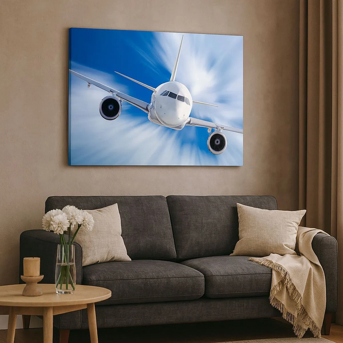 Schilderen op canvas - Een passagiersvliegtuig in beweging tegen de lucht - 70x50cm - Sneller dan de wind in de lucht - Moderne wanddecoratie voor woonkamer en slaapkamer ARTTOR