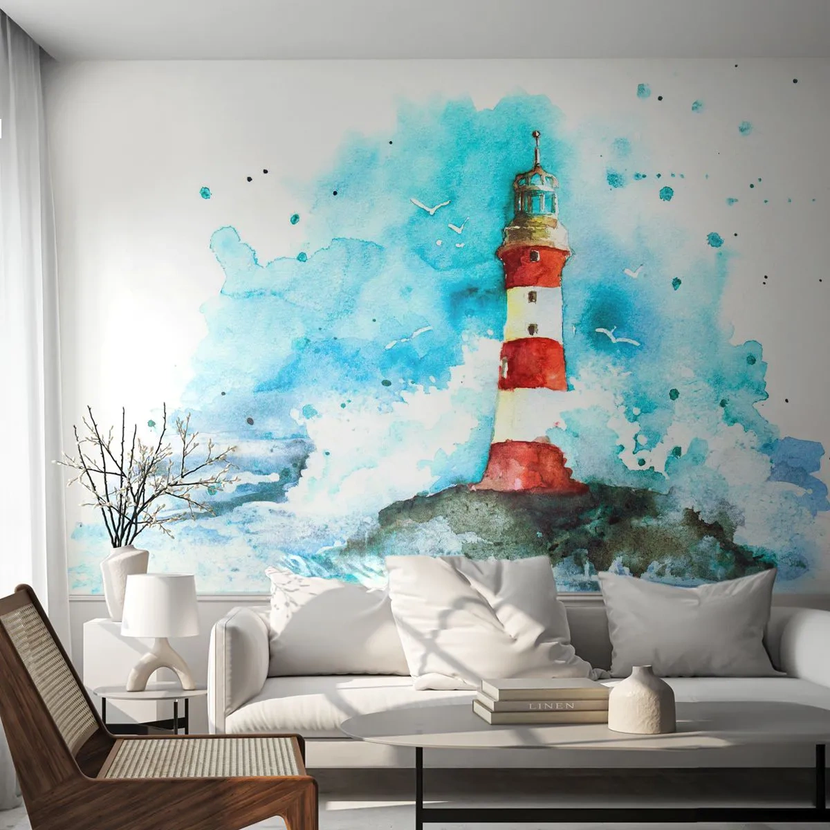 Fotobehang Premium Canvas - Eenheid van de elementen - Vuurtoren, Landschap, Grafisch - 250x175 cm