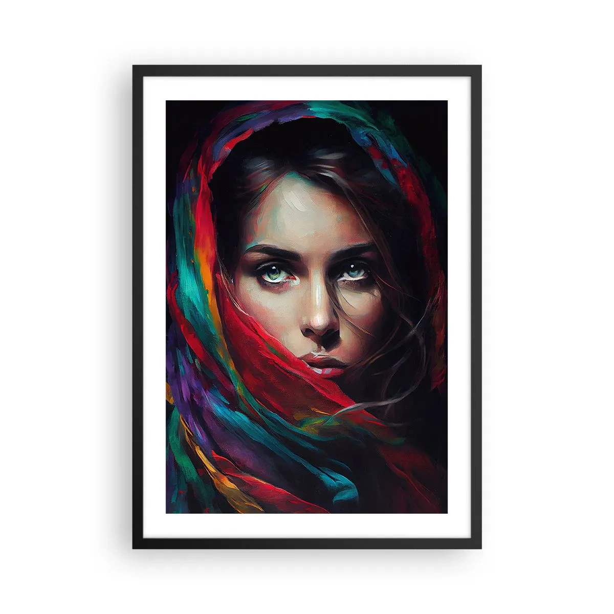 Poster in een zwarte lijst - Portret van een vrouw met een kleurrijke sjaal - 50x70cm - Mysterie met groene ogen - Moderne wanddecoratie voor woonkamer en slaapkamer ARTTOR