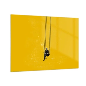 Schilderen op glas - Een figuur op een schommel hangt tegen een gele achtergrond - 70x50cm - Dag als iedere dag - Moderne wanddecoratie voor woonkamer en slaapkamer ARTTOR