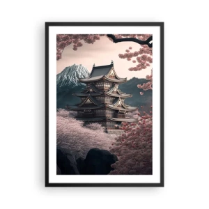 Poster in een zwarte lijst - Japanse pagode tussen kersenbloesems - 50x70cm - Het land van de kersenbloesem - Moderne wanddecoratie voor woonkamer en slaapkamer ARTTOR