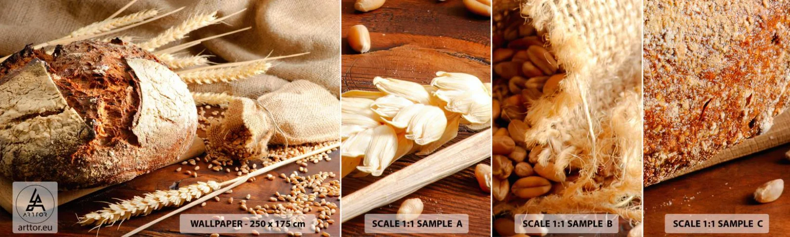 Fotobehang Monster Zelfklevend Deluxe Sticker - Smakelijk, geurig, knapperig - Brood, Graankorrel, Gastronomie - 100x30 cm