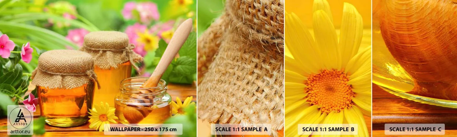 Fotobehang Monster Zelfklevend Deluxe Sticker - Zoet en bloemig - Gastronomie, Honing, Bloemen - 100x30 cm