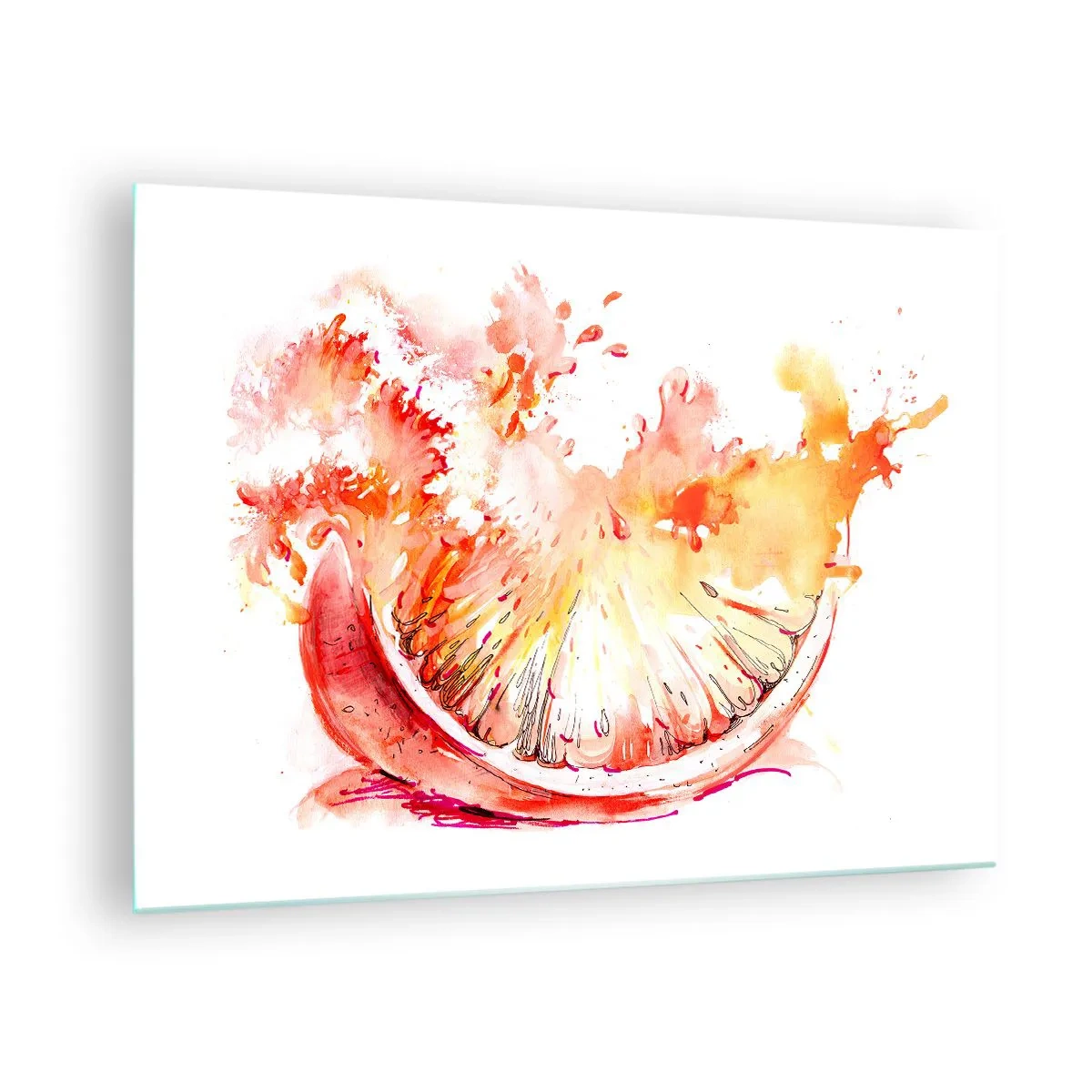 Schilderen op glas - Aquarelschilderij van een sappig grapefruitpartje in beweging - 70x50cm - Sappige verfrissing - Moderne wanddecoratie voor woonkamer en slaapkamer ARTTOR