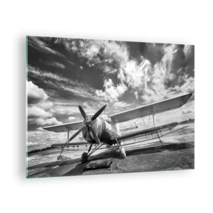 Schilderen op glas - Zwart-witfoto van een klassieke dubbeldekker - 70x50cm - Ik kan niet wachten! - Moderne wanddecoratie voor woonkamer en slaapkamer ARTTOR