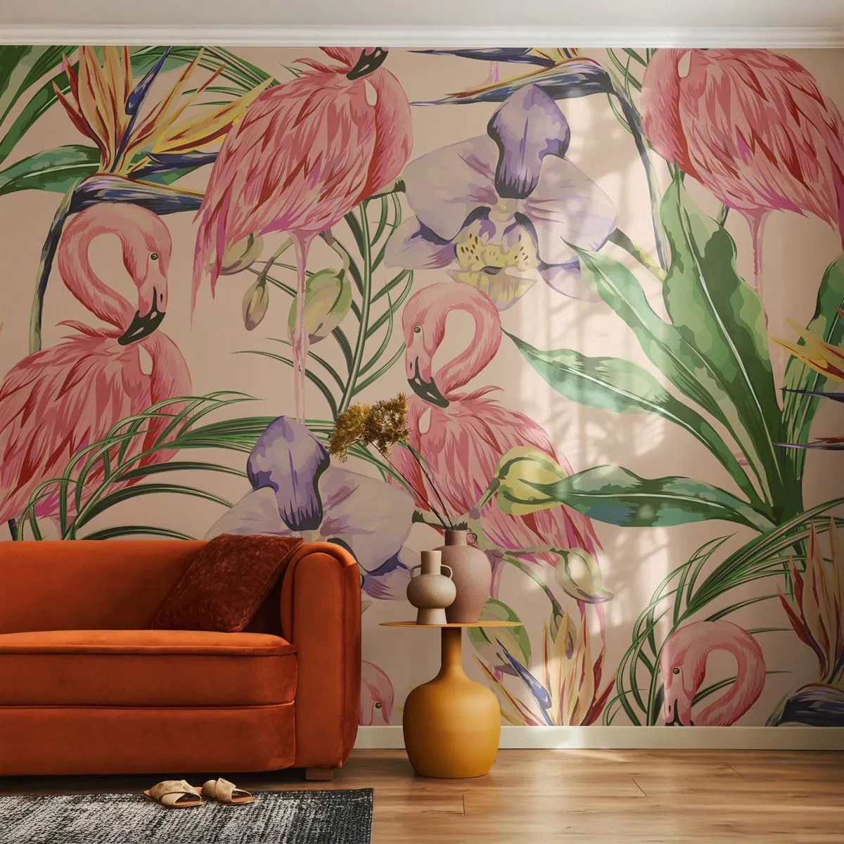 Fotobehang Premium Canvas - Roze ballet in bloemen - Vogel, Flamingo, Oerwoud - 250x175 cm