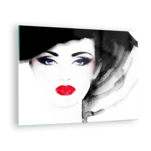 Schilderen op glas - Portret van een vrouw met expressieve rode lippen en een zwarte hoed - 70x50cm - Hij duwt terug en roept - Moderne wanddecoratie voor woonkamer en slaapkamer ARTTOR